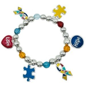 Autism Awareness Beaded Charm Stretch Bracelet